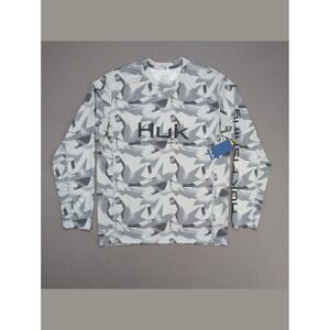 NWT Huk Icon X Geo Spark Fishing Shirt Small UPF 50+ Long Sleeve Gray